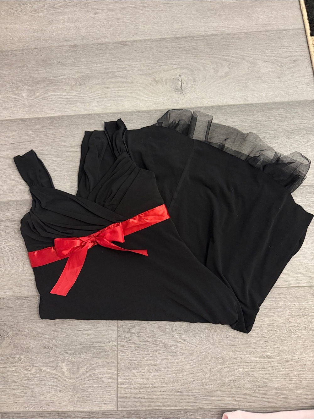 Vintage Y2K Black Dress with Red Satin Waist Ribbon